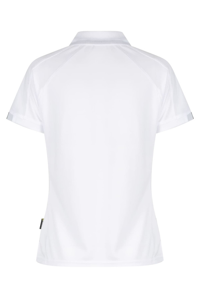 A white polo shirt with a classic collar and short sleeves. The shirt features a branding logo.