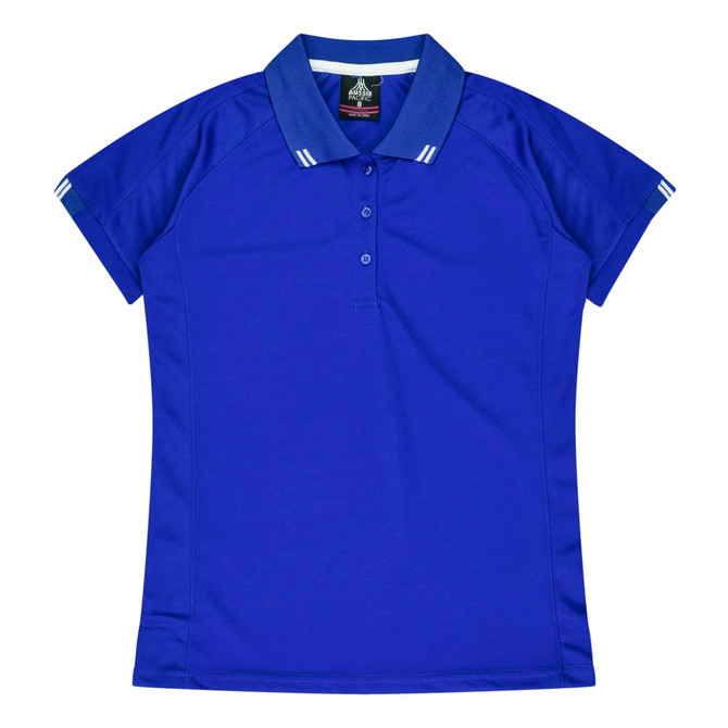 A blue polo shirt with short sleeves and a collar, featuring contrasting stripes on the shoulders and a logo.