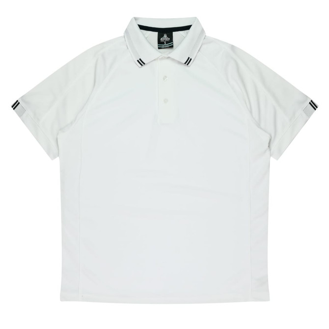 A white polo shirt featuring a classic collar and contrasting black stripes on the sleeves, with a logo on the chest.