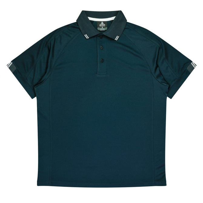 A dark teal polo shirt with a classic collar and three-button placket, featuring a logo on the chest.
