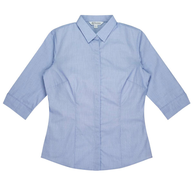 A light blue button-up shirt with three-quarter sleeves and a fitted design, featuring a collar and logo.