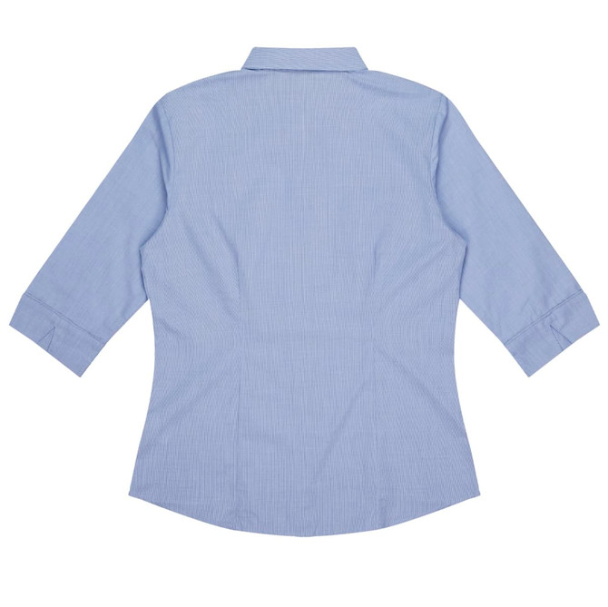 A light blue button-up shirt with 3/4 sleeves and a back view, featuring a collar and a logo.