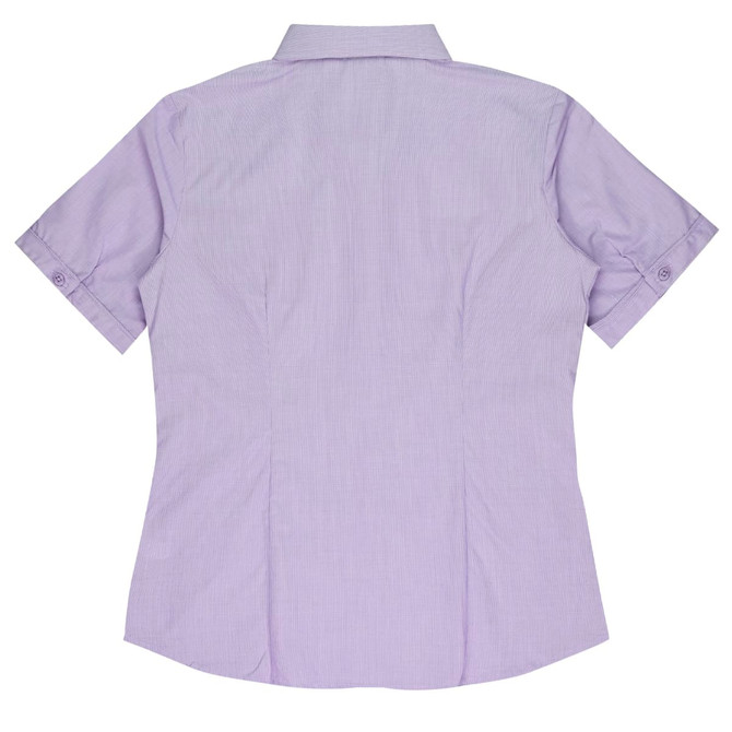 A short-sleeve, button-up shirt in light purple with a fitted back design. It features a collar and cuffed sleeves.
