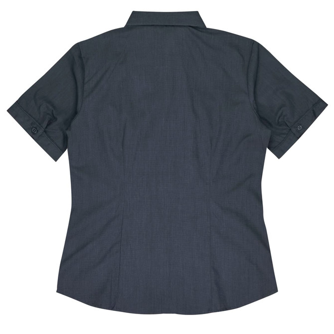 A short-sleeve, button-up women's shirt in a dark grey colour with a back view and rolled sleeves. It has a logo.