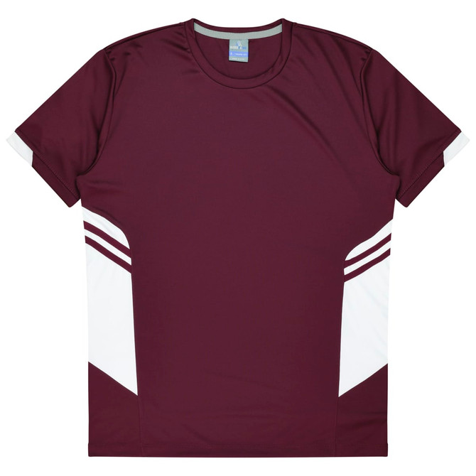 A maroon T-shirt with white panels and a logo. Suitable for kids, featuring a sporty design.