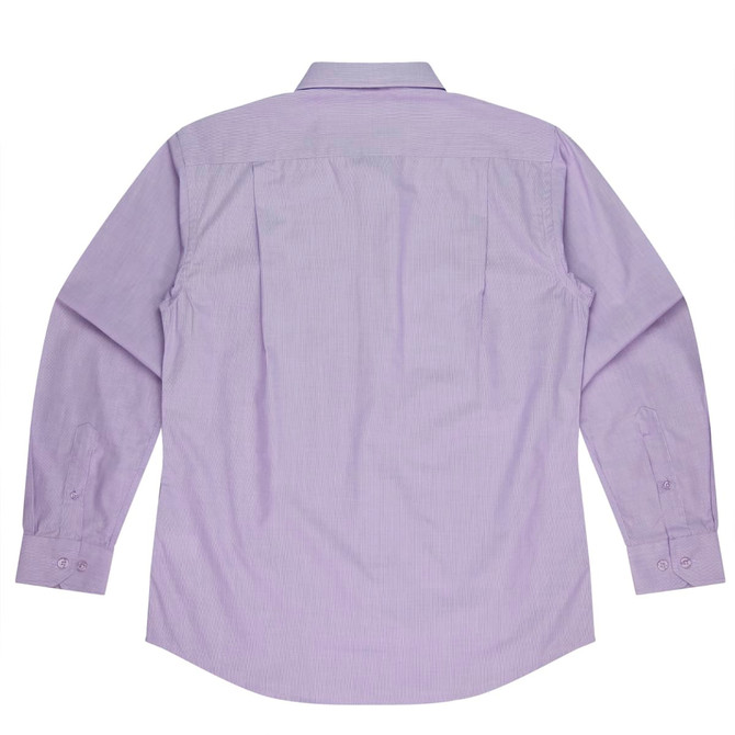 A long sleeve button-up shirt in light purple with a back pleat design. Features a logo on the fabric.