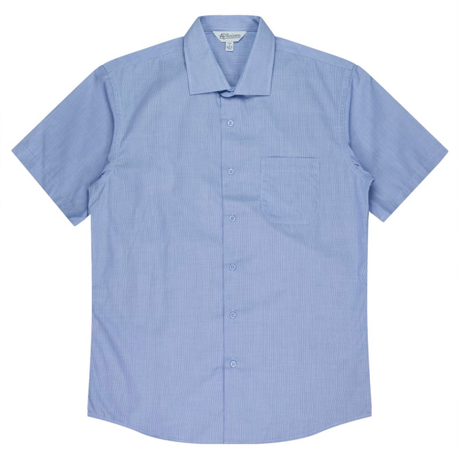 A short-sleeve button-up shirt in a light blue shade featuring a single chest pocket and a brand logo.