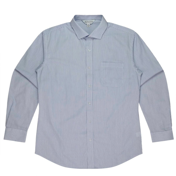 A long sleeve button-up shirt in blue and white vertical stripes, featuring a chest pocket and a logo.