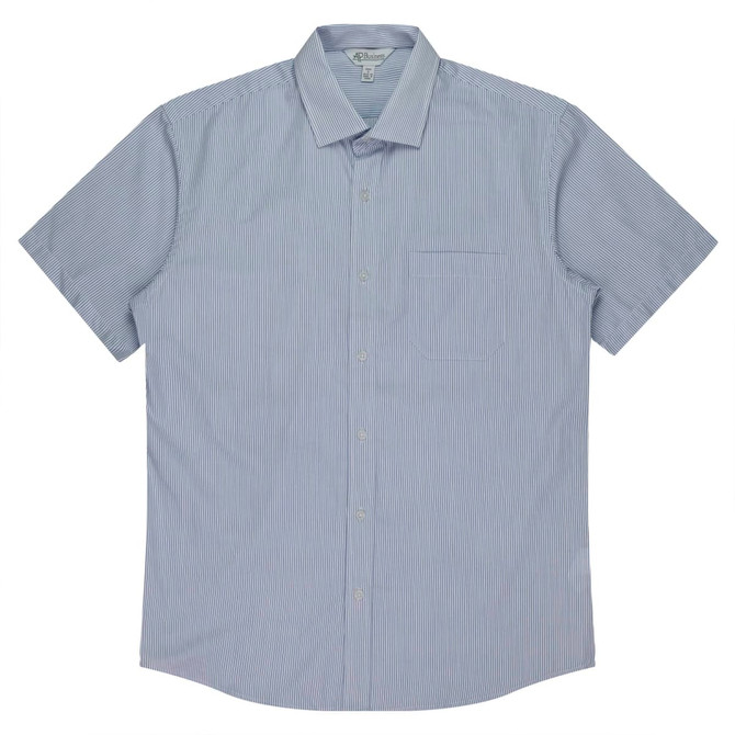 A short sleeve button-up shirt in a blue and white striped pattern, featuring a chest pocket and a collar.