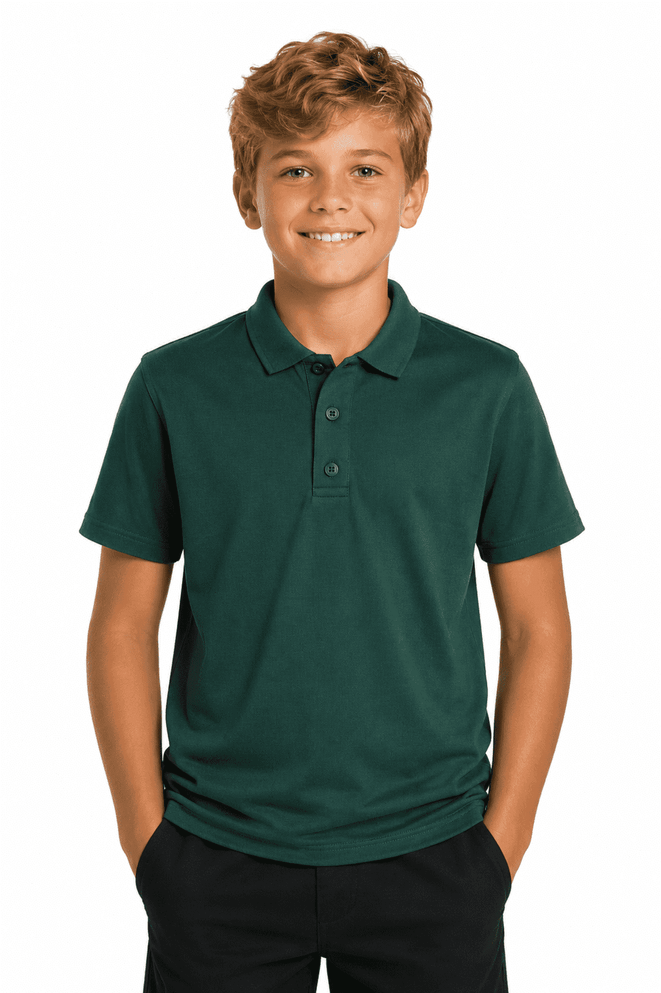 A green polo shirt for kids, featuring a classic collar and a subtle logo, worn by a smiling boy.