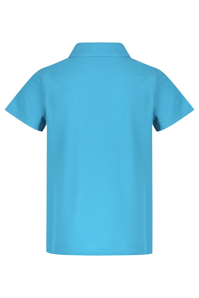 A turquoise polo shirt for kids with a classic collar and short sleeves. The back is plain and features a logo.