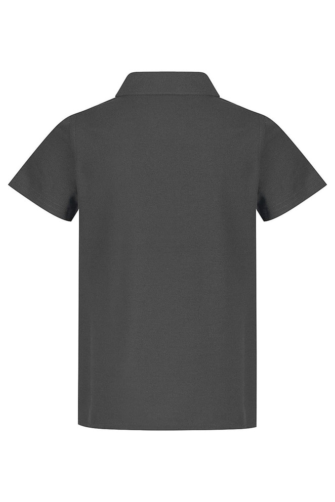 A dark grey polo shirt featuring short sleeves and a collar, with a branding logo on the back.