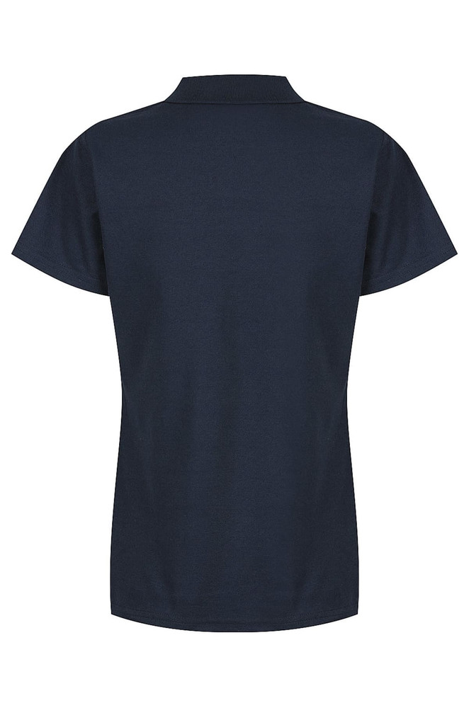 A navy blue polo shirt with a collar and a logo on the back, featuring short sleeves.