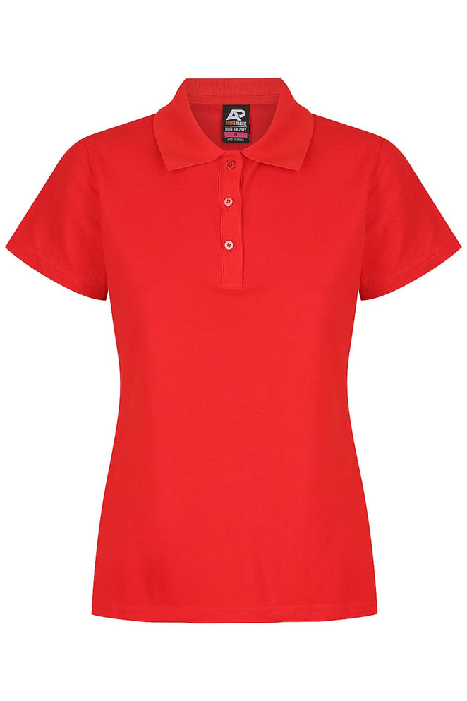 A red polo shirt with a collared neckline and short sleeves, featuring a logo on the label.