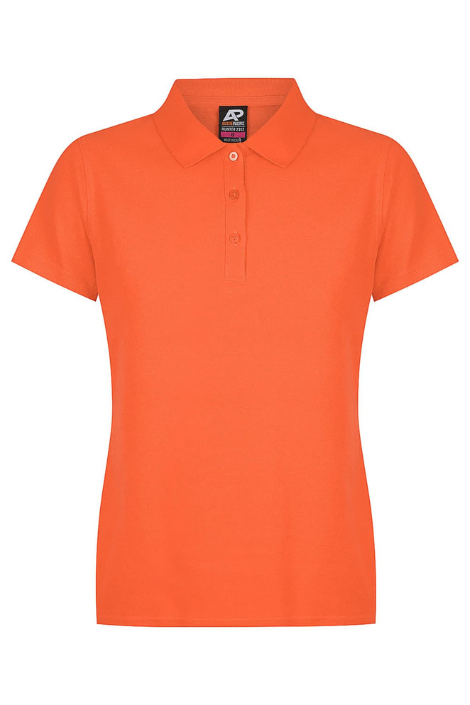 An orange polo shirt with a collared neckline and three buttons, featuring a brand logo on the label.