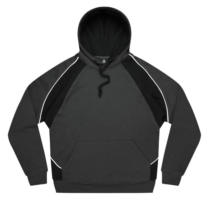 A men's hoodie in dark grey with black accents, featuring a front pocket and a hood. It has a logo.