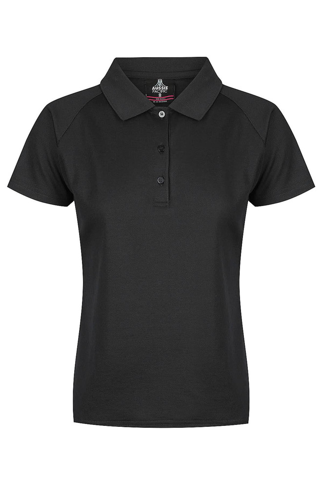 A black polo shirt with a collar and three buttons, featuring a logo on the front.