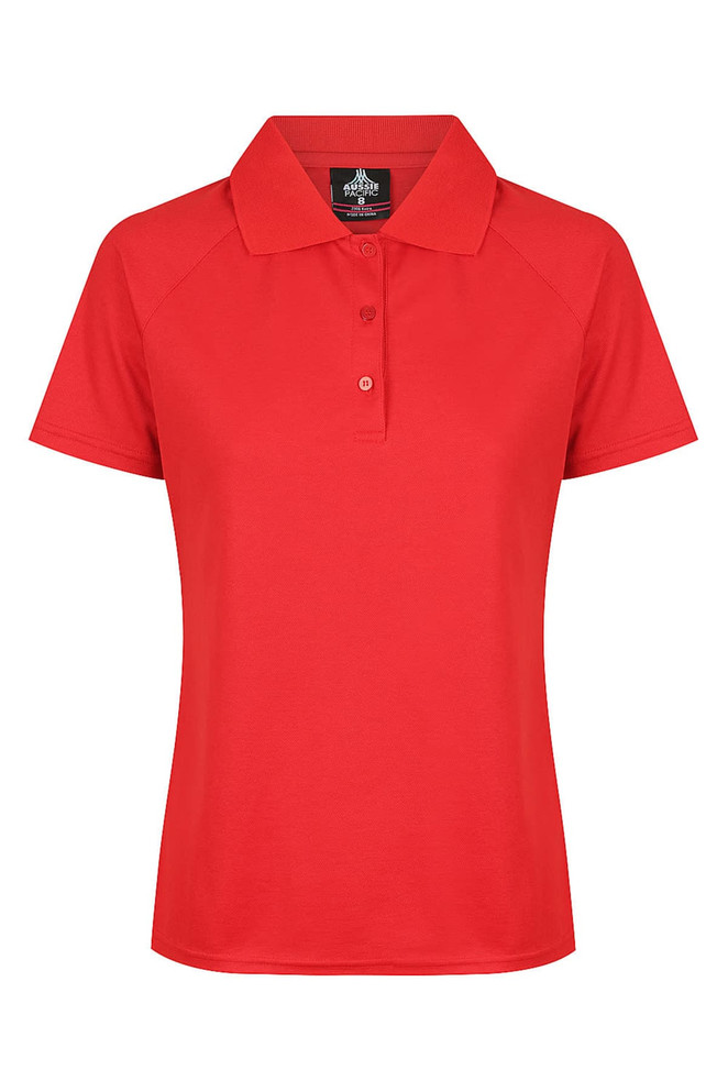 A red polo shirt with a collar and button placket, featuring a brand logo. Ideal for casual wear.