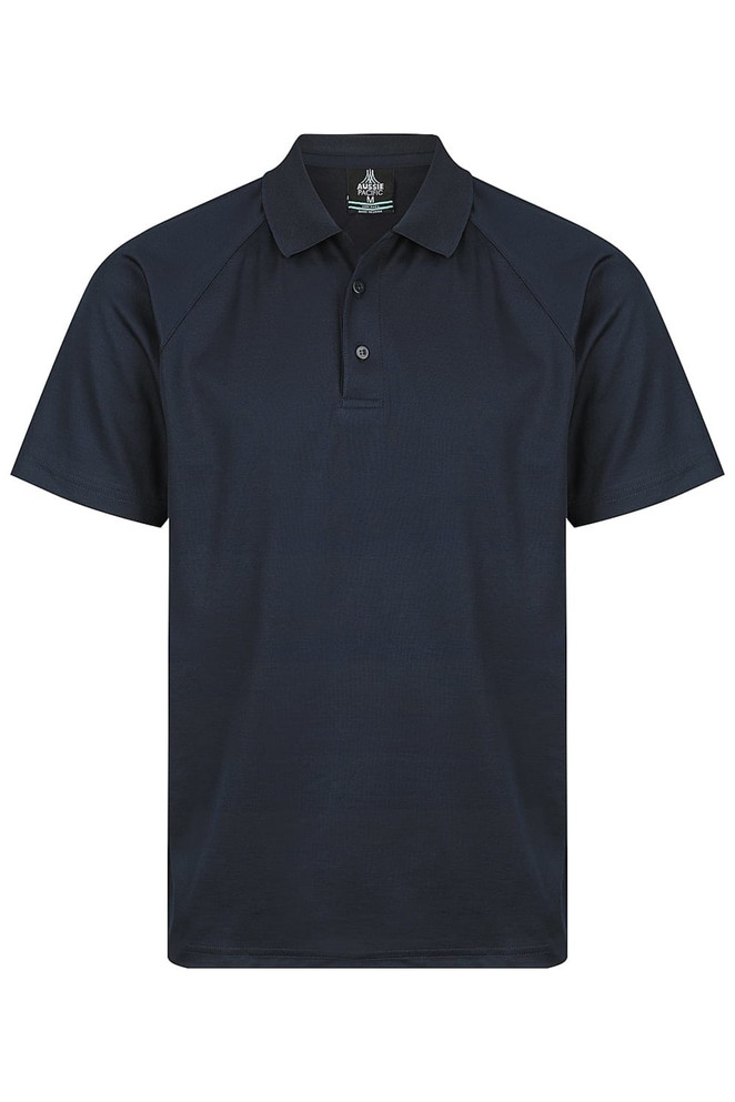 A navy blue polo shirt with a collar and buttons, featuring a logo on the front.