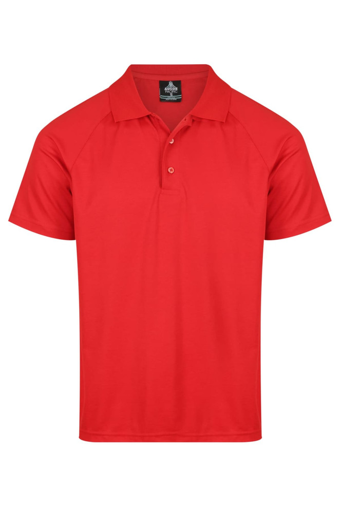 A red polo shirt with a classic collar and three buttons, featuring a logo on the upper area.