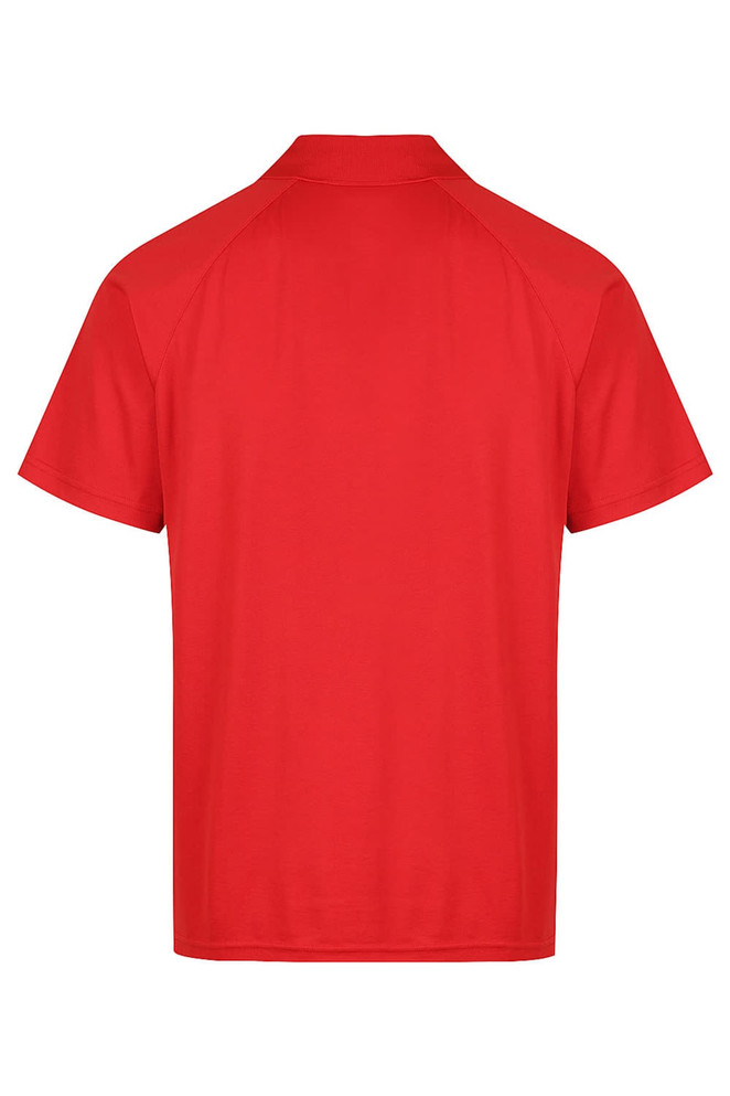 A red polo shirt featuring a collared neckline and short sleeves, with a logo on the back.