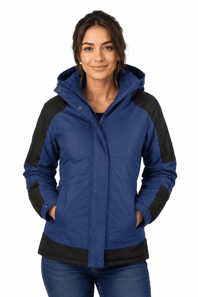 A navy and black women's jacket with a hood, featuring a logo and side pockets.