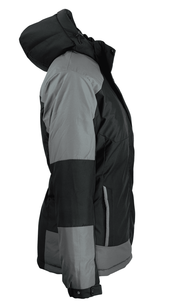 A black and grey jacket with a hood, featuring a logo on the side.