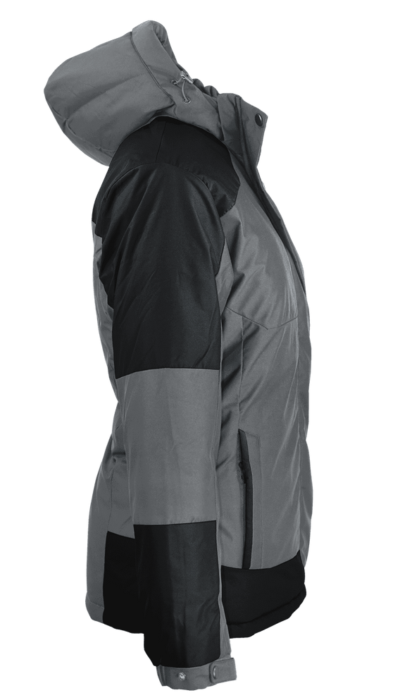 A women's jacket in grey and black, featuring an attached hood and zippered pockets. It has a logo on the front.