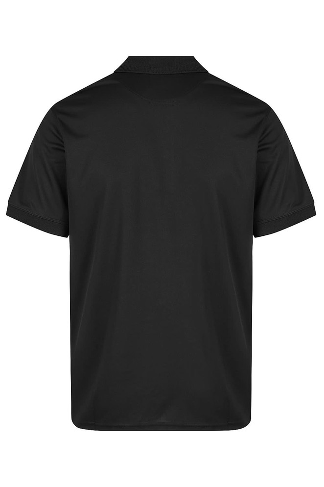 A black polo shirt with a collar and short sleeves, featuring a logo on the back.