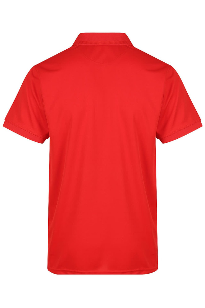 A red polo shirt with a collar and short sleeves, featuring a branding logo.