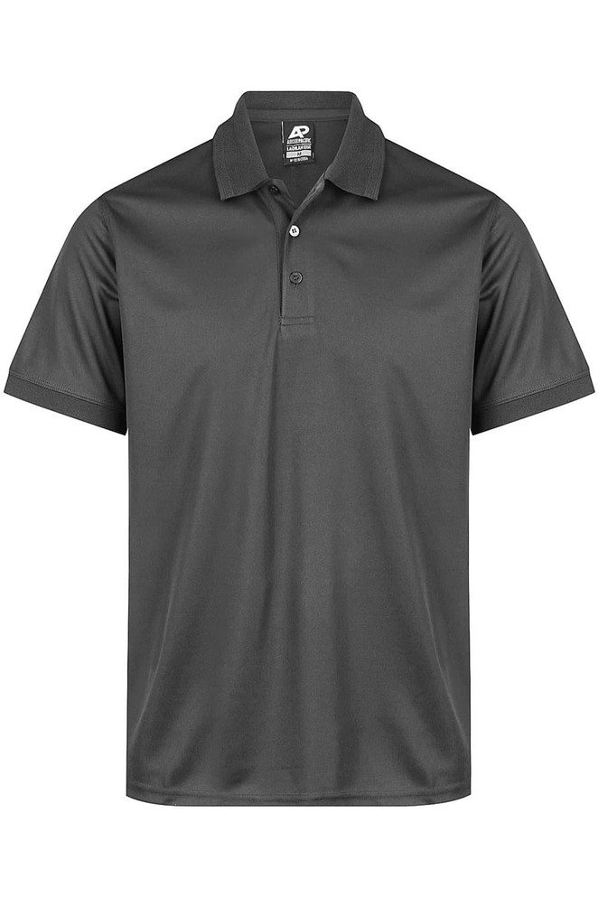 A grey polo shirt with a classic collar and three buttons, featuring a logo on the inside collar.