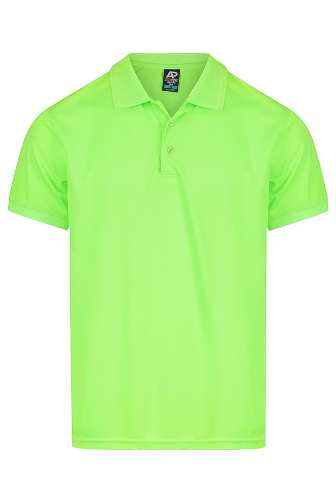 A bright lime green polo shirt with a collar and three buttons, featuring a logo.