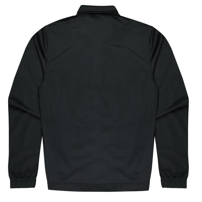 A black kids' jacket with a simple design and elastic cuffs, featuring a branding logo.