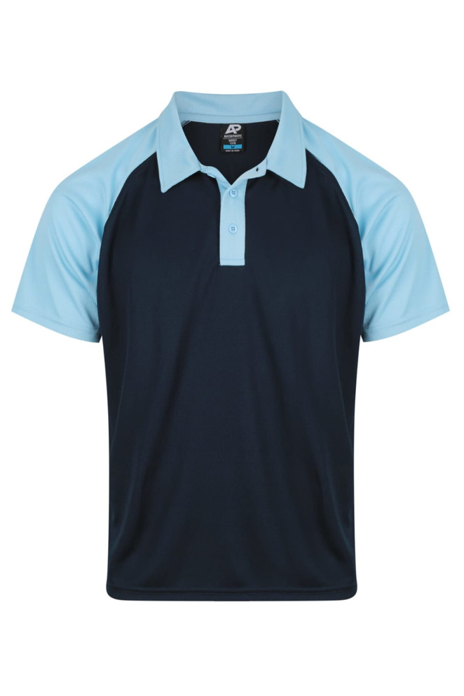 A navy blue polo shirt with light blue raglan sleeves and a collar. It features a logo on the chest.