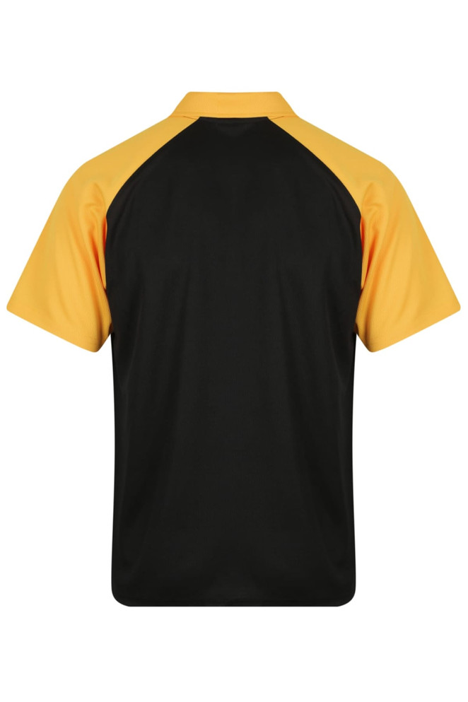 A polo shirt featuring a black body with yellow sleeves and a logo.