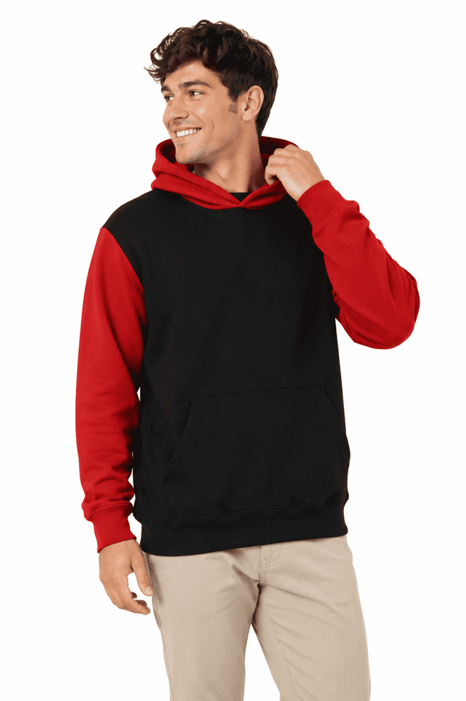 A black and red hoodie with a front pocket and a drawstring hood, featuring a logo on the chest.