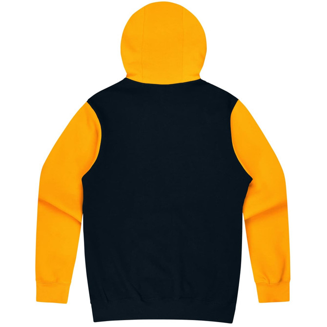A hooded jumper featuring a black body and bright yellow sleeves. It includes a hood and has a logo.