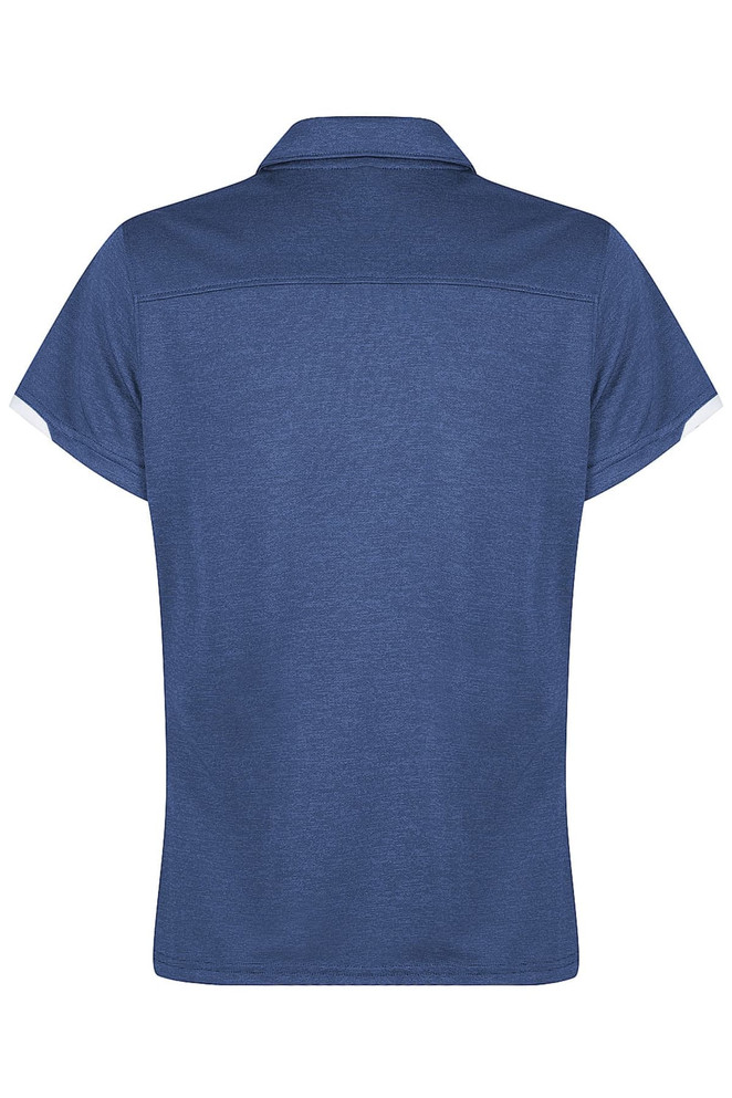 A blue polo shirt with a collar and short sleeves, featuring a simple design and a logo.