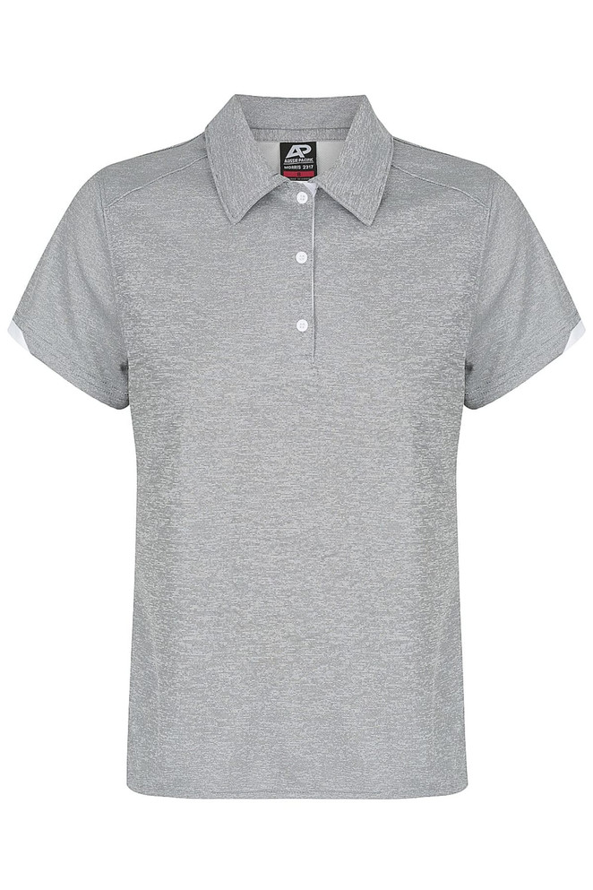 A grey polo shirt with short sleeves and a collar, featuring a branding logo.