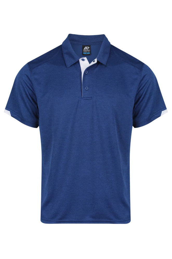 A blue polo shirt with contrasting white details on the sleeves and a logo on the collar.