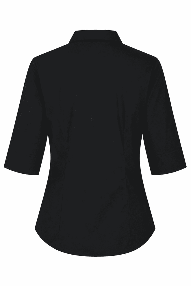 A black button-up shirt with 3/4 sleeves, featuring a classic collar and fitted design. Includes a logo.