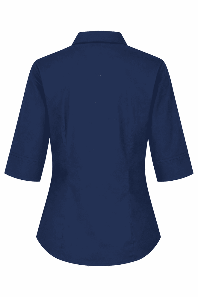 A navy blue button-up shirt with 3/4 sleeves and a fitted silhouette, featuring a collar and a logo.