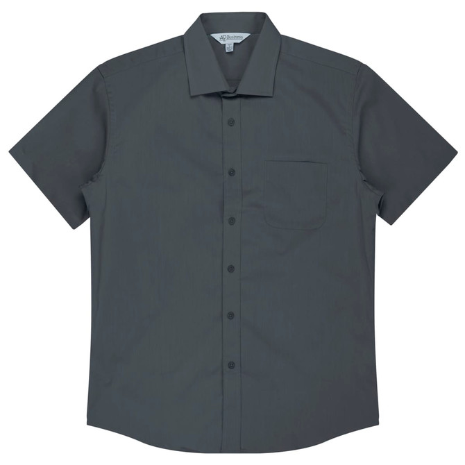 A short sleeve button-up shirt in dark grey with a single chest pocket and a logo on the collar.