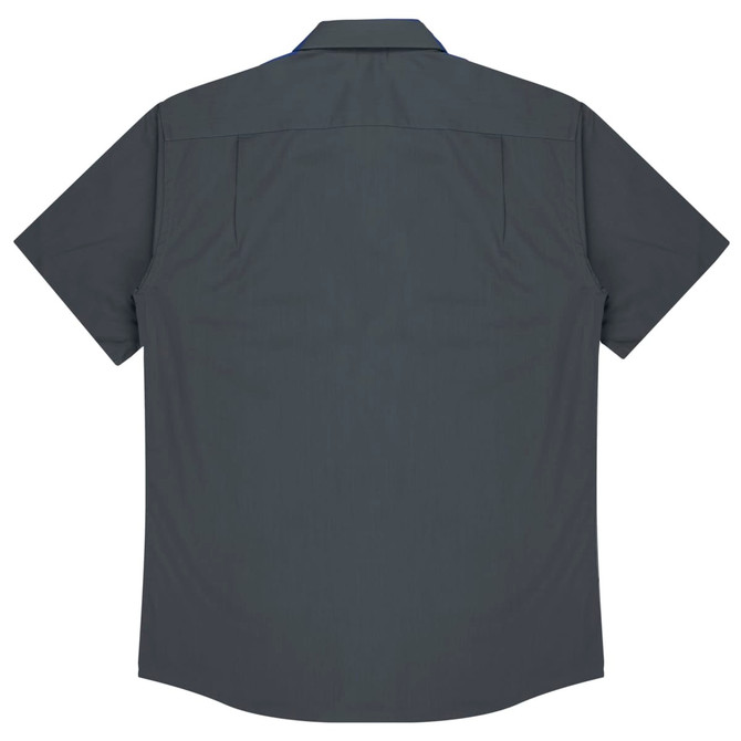 A short-sleeve button-up shirt in charcoal grey with a logo on the back and a smooth fabric finish.