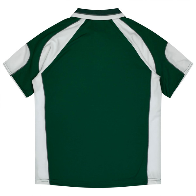 A green and white polo shirt featuring short sleeves and a collared neckline. It has a logo on the back.