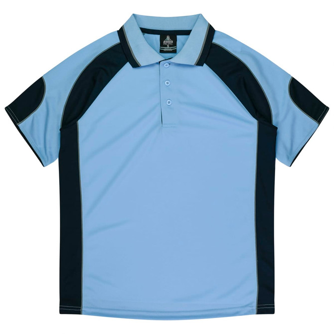 A light blue and black polo shirt with short sleeves and a collar, featuring a logo on the upper left side.