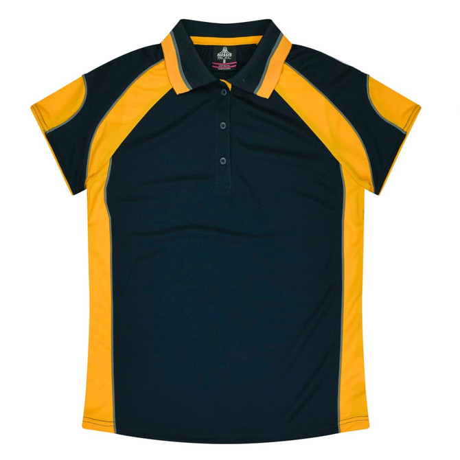A dark green and yellow polo shirt with short sleeves and a collar. It features a logo or branding.