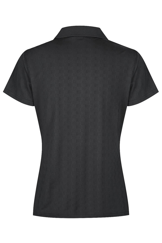 A black ladies' polo shirt with a standard collar and short sleeves, featuring a textured pattern and a logo.