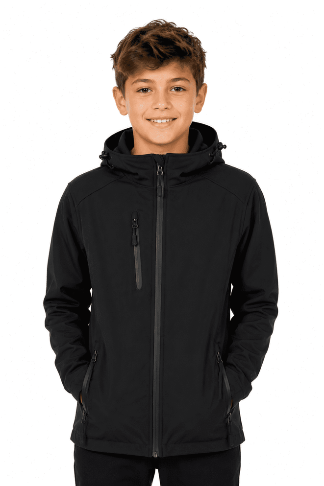 A black jacket with a hood and zippered pockets, featuring a logo and fitted design for kids.