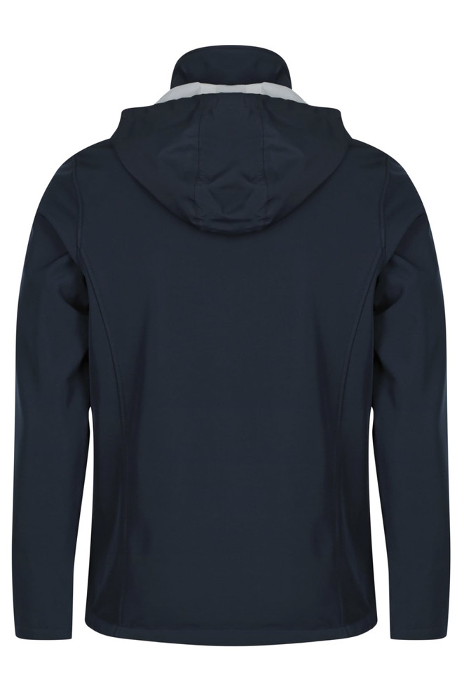 A navy jacket with a hood, featuring a simple design and a logo on the back.